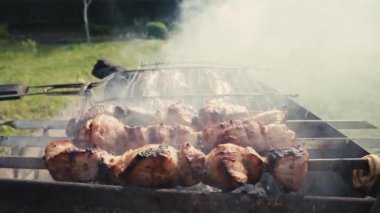 Barbekü et ve sosis ya da arka bahçede ızgara sosis. Kömürün üzerine şiş kebap ya da şiş kebap hazırlıyorum. Metal şişte ızgara et. Mangal partisi ya da piknik yemeği. Açık hava güneşli. Yakın çekim.