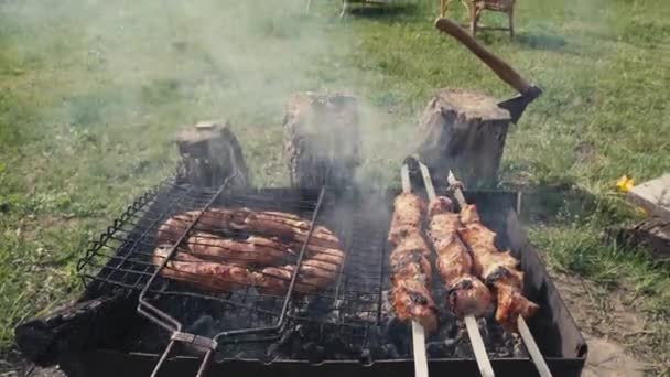 Grilované maso a klobásy nebo klobásy na grilu na dvorku. Muž připravující shashlik nebo shish kebab na dřevěném uhlí. Grilované maso na kovové špejli venku. BBQ párty nebo piknikové jídlo. Zavřít snímek