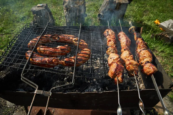 Barbeque meat and sausages or bratwurst on a grill grate in backyard. Man preparing shashlik or shish kebab over charcoal. Grilled meat on metal skewer outdoor. BBQ party or picnic food. Close up shot — Stock Photo, Image