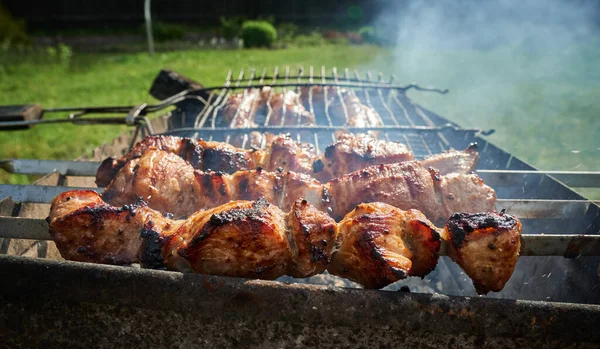 Carne de barbacoa y salchichas o salchichas en una parrilla en el patio trasero. Hombre preparando shashlik o shish kebab sobre carbón vegetal. Carne a la parrilla en pincho de metal al aire libre. Fiesta de barbacoa o picnic. Primer plano. —  Fotos de Stock