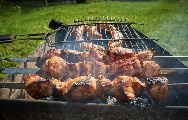 Carne de barbacoa y salchichas o salchichas en una parrilla en el patio trasero. Hombre preparando shashlik o shish kebab sobre carbón vegetal. Carne a la parrilla en pincho de metal al aire libre. Fiesta de barbacoa o picnic. Primer plano. —  Fotos de Stock