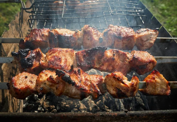 Carne de barbacoa y salchichas o salchichas en una parrilla en el patio trasero. Hombre preparando shashlik o shish kebab sobre carbón vegetal. Carne a la parrilla en pincho de metal al aire libre. Fiesta de barbacoa o picnic. Primer plano. —  Fotos de Stock