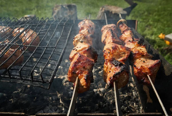 Carne de barbacoa y salchichas o salchichas en una parrilla en el patio trasero. Hombre preparando shashlik o shish kebab sobre carbón vegetal. Carne a la parrilla en pincho de metal al aire libre. Fiesta de barbacoa o picnic. Primer plano. —  Fotos de Stock