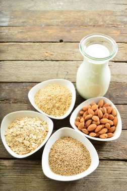 Farklı vegan süt cam. Badem sütü, sezame süt ve oatm