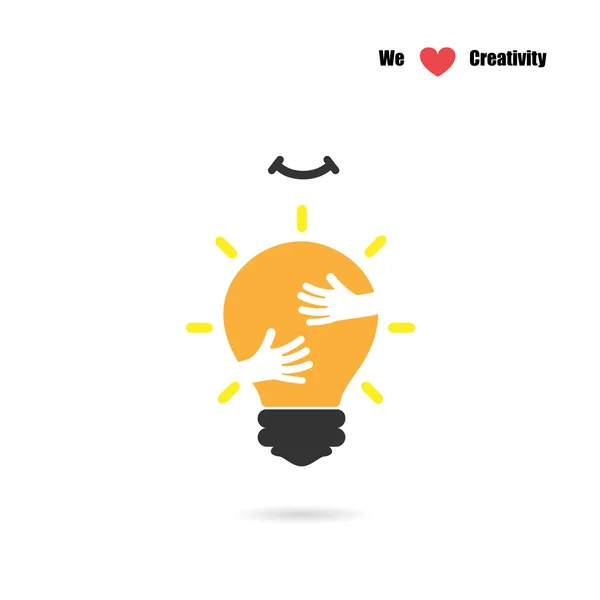 Creative light bulb logo design vector template with small hand. — Stock Vector