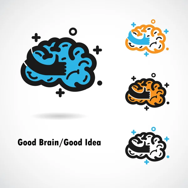 Icona creativa del vettore di progettazione del logo del cervello con il migliore segno della mano. — Vettoriale Stock