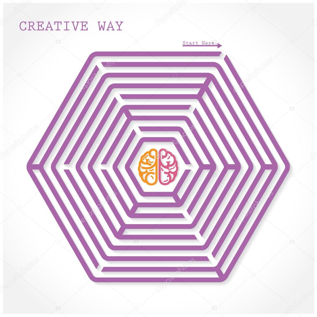 Creative brain symbol  in the middle of hexagonal maze