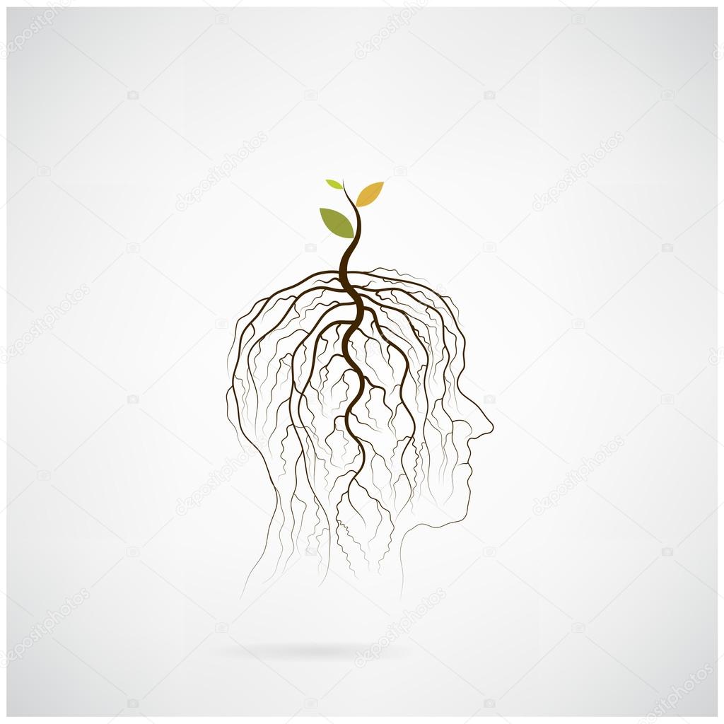 Think green concept. Tree of green idea shoot grow on human head