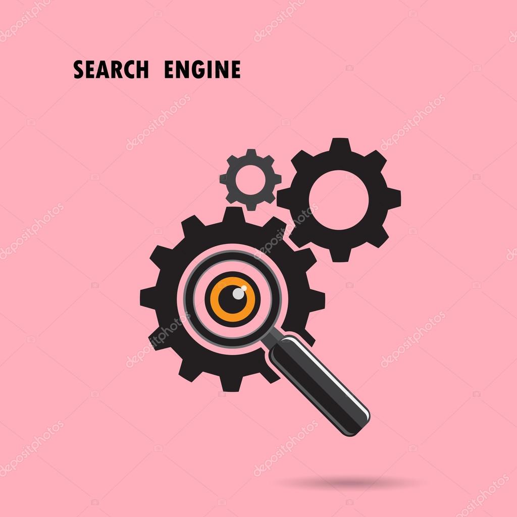 Magnifying optical glass with Gears icon on background. Search engine concept. Logo template design. Vector illustration.