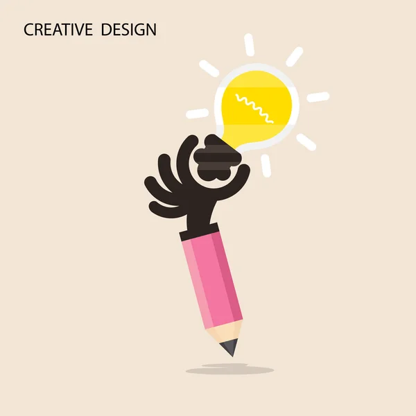 Idée créative de lumière d'ampoule et icône de main de crayon, conception plate. — Image vectorielle