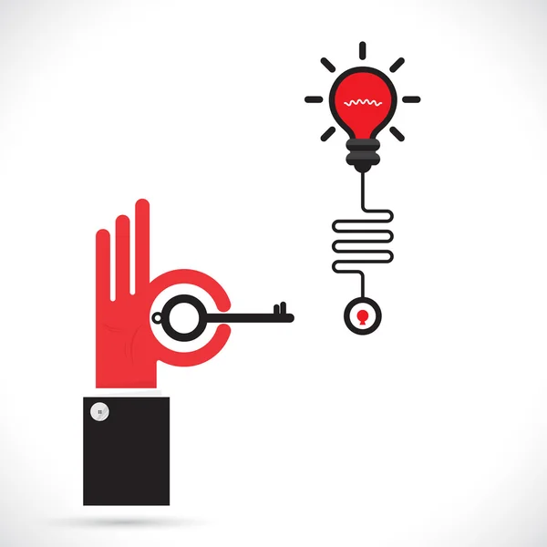 Zakenman hand en sleutel ondertekenen met creatieve gloeilamp symbool. PR — Stockvector