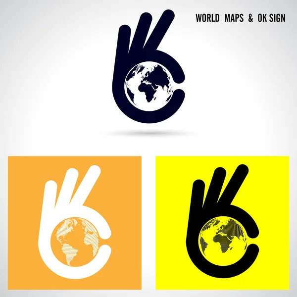 Creative hand and world map abstract logo design.Hand Ok symbol — Stock Vector