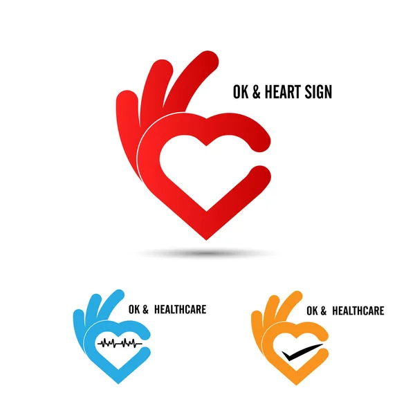 Mão criativa e forma de coração logotipo abstrato design.Hand Ok symbo —  Vetores de Stock