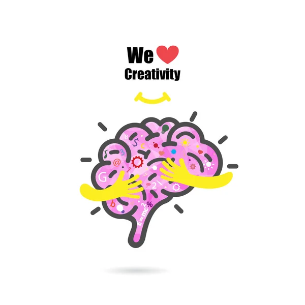 Creative brain logo design vector template with small hand.Educa — Stock Vector