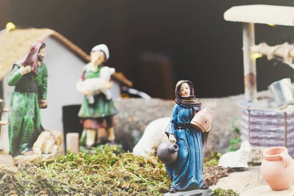 Рождественская Сцена Иисус Христос Мария Иосиф Деревянные Фигурки Заднем Плане — стоковое фото