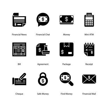 İş ve Finans web glifleri vektör simgeleri seti, modern katı sembol koleksiyonu. İşaretler, logo illüstrasyonu. Set simgeleri SEO, mali analiz, reklamcılık ve istatistik olarak içerir. Katı silüet piksel mükemmel 64x64.