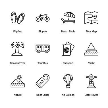 Yaz tatili Seyahat, Tatil ve Turizm Hattı ikonu çizimi. Sahil, Deniz, Pasaport, Kum, Seyahat, Kite, Şemsiye, Yaz, Sıcak Güneş, Pazar. Piksel mükemmel. Düzenlenebilir Vuruş.