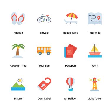 Modern Yaz Tatili düz ikon vektör koleksiyonu. Mobil ve web uygulamaları için konsept ve tasarım ögeleri.