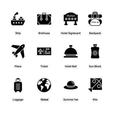 Yaz katı ikon seti, plaj sembolleri koleksiyonu veya eskizler. Seyahat turizmi, web için tatil tabelası, beyaz arka planda izole edilmiş glyph tarzı resim paketi. Vektör grafikleri.