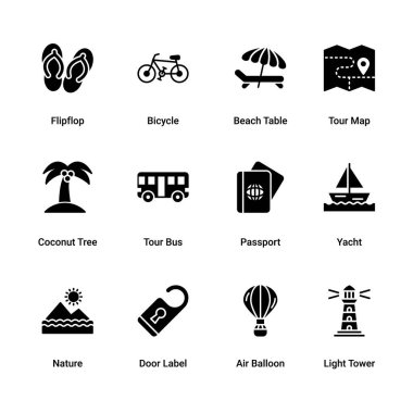 Yaz katı ikon seti, plaj sembolleri koleksiyonu veya eskizler. Seyahat turizmi, web için tatil tabelası, beyaz arka planda izole edilmiş glyph tarzı resim paketi. Vektör grafikleri.