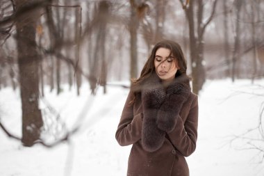 Kürk mantolu güzel bir kız. Kış parkında yürü