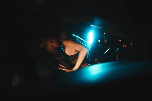 Couple Kissing Night Car Gentle Night Photo Session City Summer Stock Image