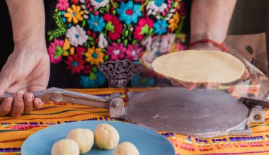 Tortilla press, testales (mısır hamuru) ve Meksika tortillaları. Mısır tortillası yapma süreci 