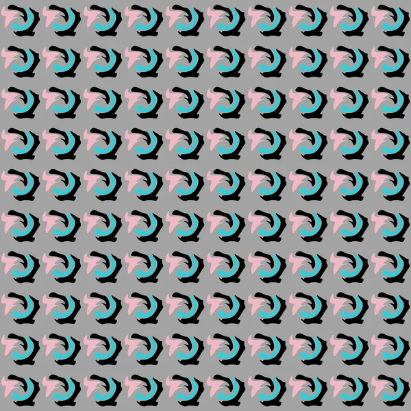abstract symmetrical pattern with pink, turquoise and black objects on a gray background
