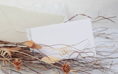 Açık arkaplanda kuru çiçekler ve boş bir tebrik kartı, el işi zarflı davetiye maketi