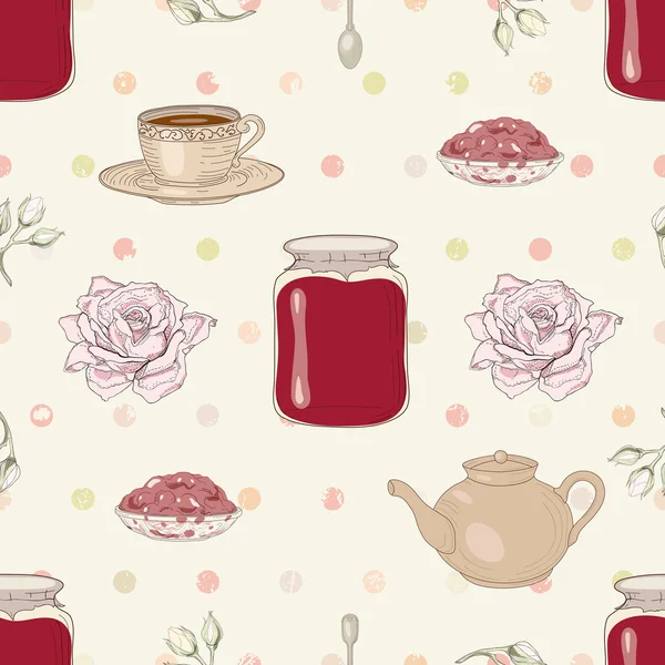 Rose jam and tea seamless pattern — Stock Vector