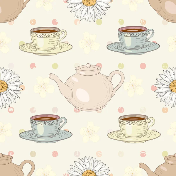 Herbal chamomile tea party seamless pattern — Stock Vector