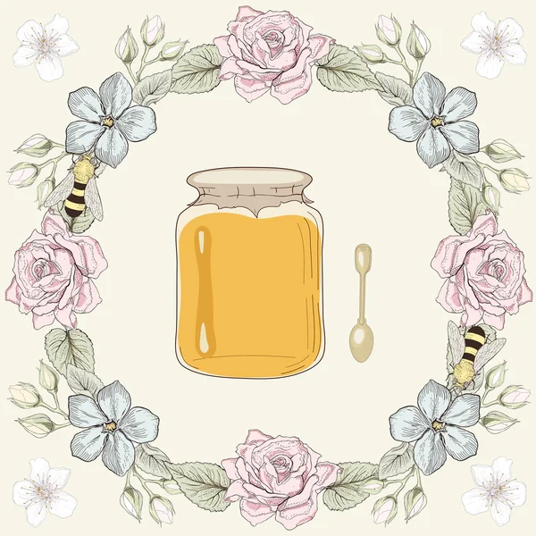 Marco floral, tarro de miel y abejas — Vector de stock