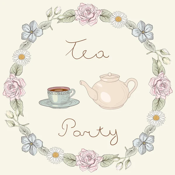 Tea party cornice floreale — Vettoriale Stock