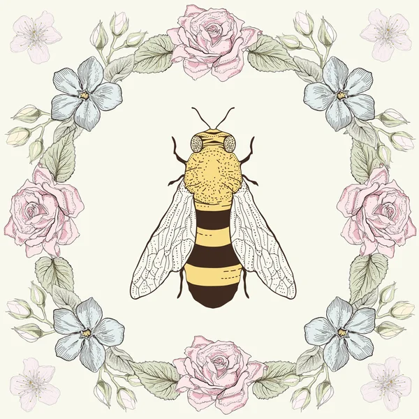 Marco floral y abeja en estilo grabado — Vector de stock