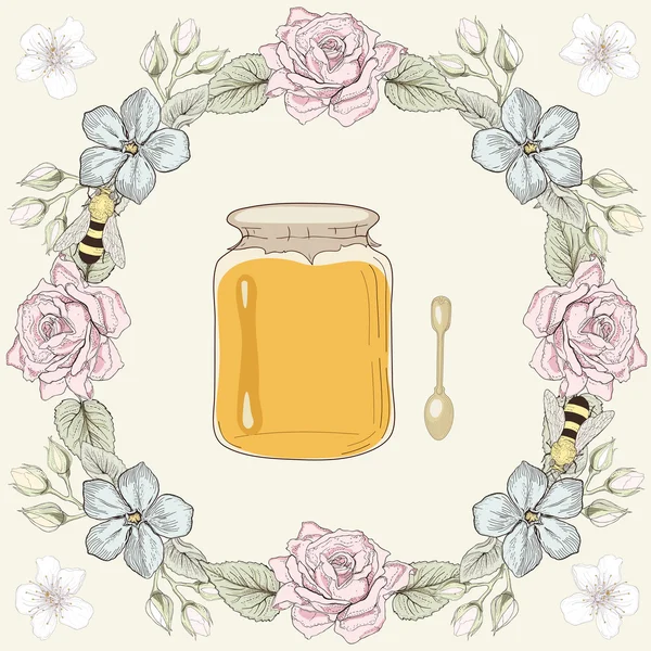 Floral frame, honey jar and bees — Stock Vector