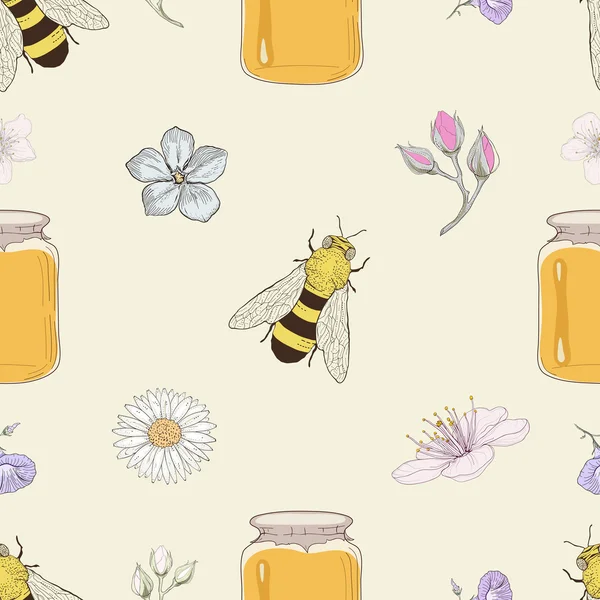 Abejas de miel y flores patrón sin costura — Vector de stock