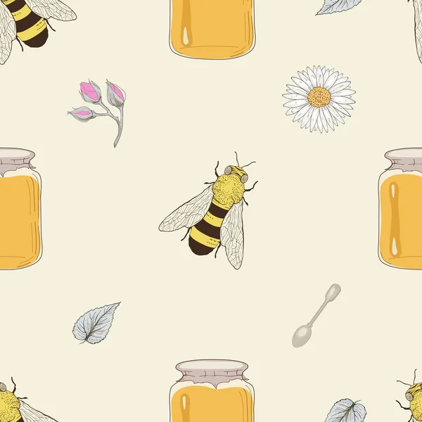 Honey bees and flowers seamless pattern Stock Illustration