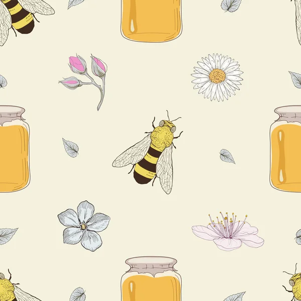 Honey bees and flowers seamless pattern — Stock Vector