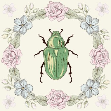 Floral frame and beetle clipart