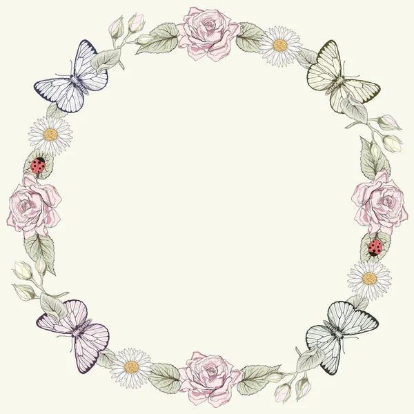 Floral frame en vlinders in gravure stijl — Stockvector