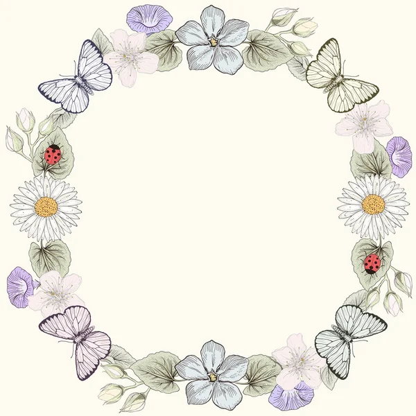 Marco floral y mariposas en estilo grabado — Vector de stock