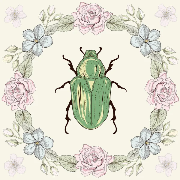 Marco floral y escarabajo — Vector de stock