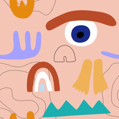 Kusursuz desenli el çizimleri. Farklı karalama elementleri ve nesneler. Soyut renkli çeşitli bacaklar, gökkuşağı, göz 