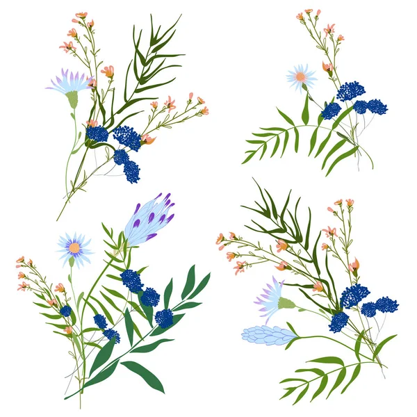 Colección de flores dibujada a mano. Varias flores de campos y prados en ramos. Gran conjunto botánico — Vector de stock