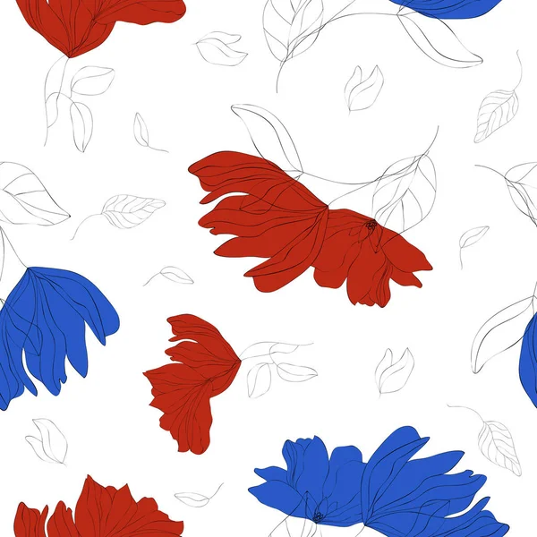 Florales nahtloses Muster. Trendige Blütenfarbvektortextur. Skizze handgezeichnete rote und blaue Blumen auf weißem Hintergrund — Stockvektor