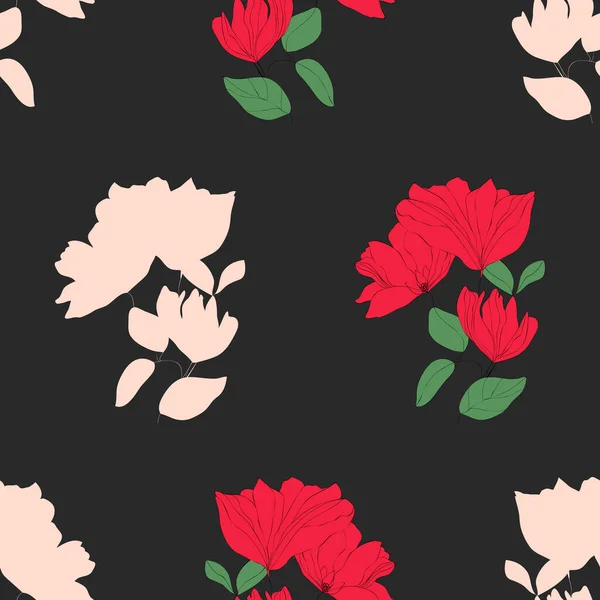 Blossom padrão sem costura floral. Motivos botânicos florescentes com silhuetas no fundo escuro. —  Vetores de Stock