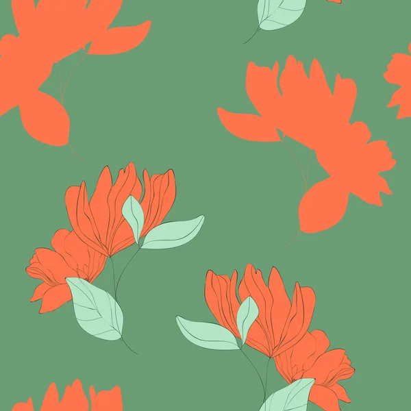 Patrón sin costura floral de flor. Motivos botánicos con siluetas. Flores naranja dibujadas a mano sobre fondo verde — Vector de stock