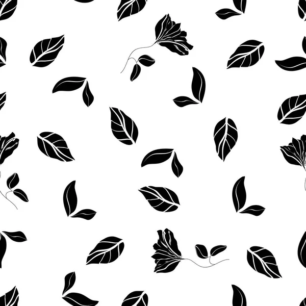 Patrón monocromo floral sin costura. Flores y hojas de silueta dibujadas a mano dispersas al azar sobre fondo blanco — Vector de stock