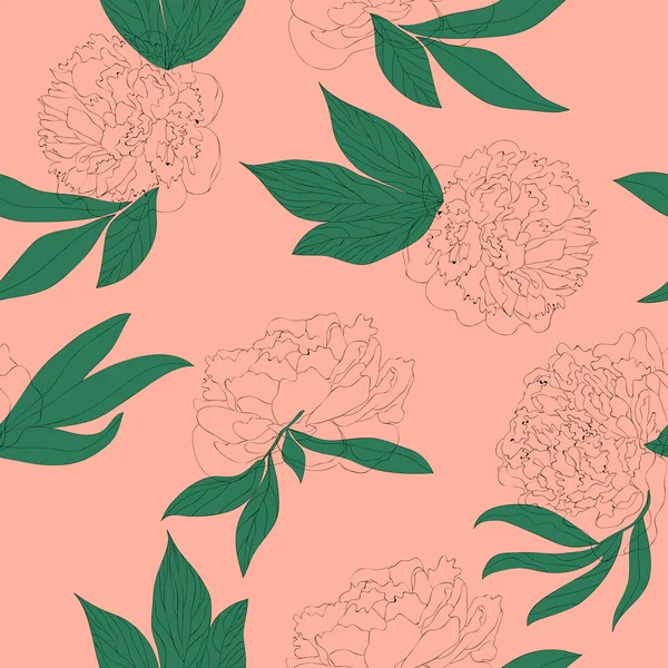Fioritura floreale modello senza cuciture. Schizzo disegno peonia con foglie sparse casualmente. Fiore disegnato a mano su sfondo rosa — Vettoriale Stock