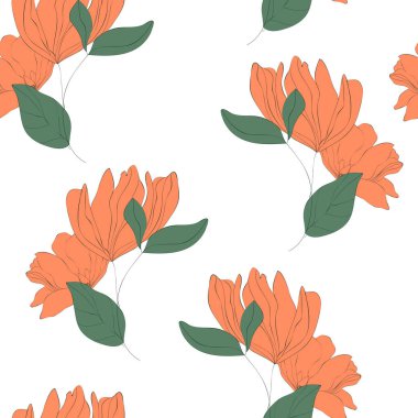 Çiçeklerin dikişsiz deseni. Gelişigüzel dağılmış botanik motifleri. Beyaz arkaplanda elle çizilmiş pembe çiçekler